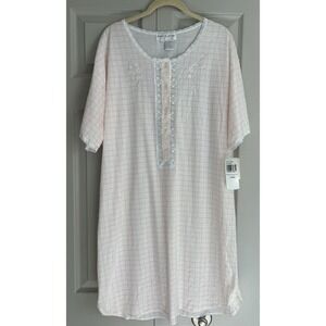 NWT Vintage Miss Elaine Nightgown Large Pink Plaid Lace Shirt Sleeve CottageCore